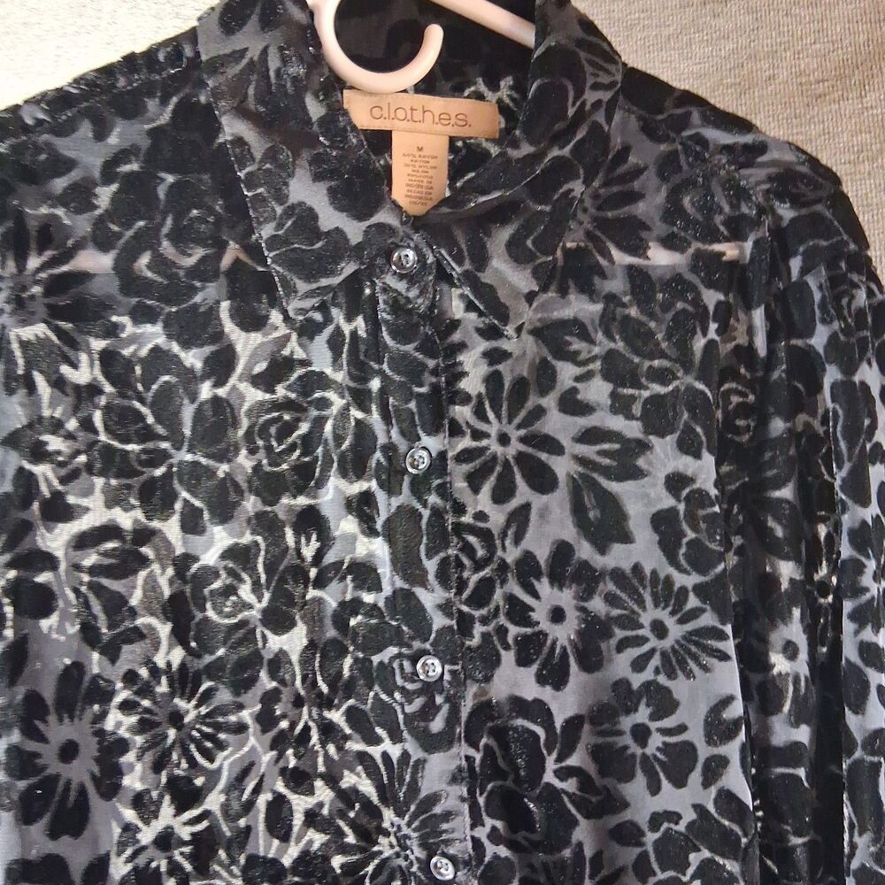 CLOTHES womens medium velvet devore floral button up blouse top sheer black vtg - Picture 3 of 4